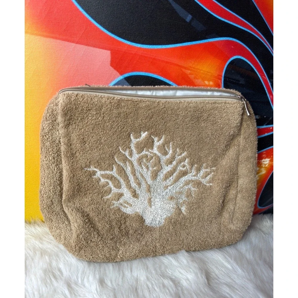 Crabtree &‎ Evelyn India Hicks Island Living Terry Cloth Coral Cosmetic Bag Tan